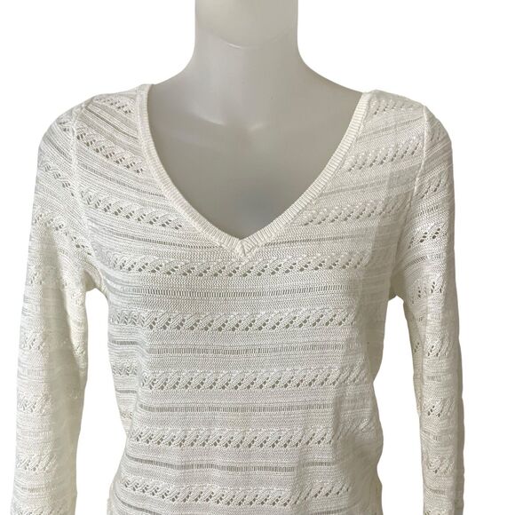 White House Black Market Open Knit Sweater Women’s Medium V-neck Pullover Ivory - Picture 2 of 8